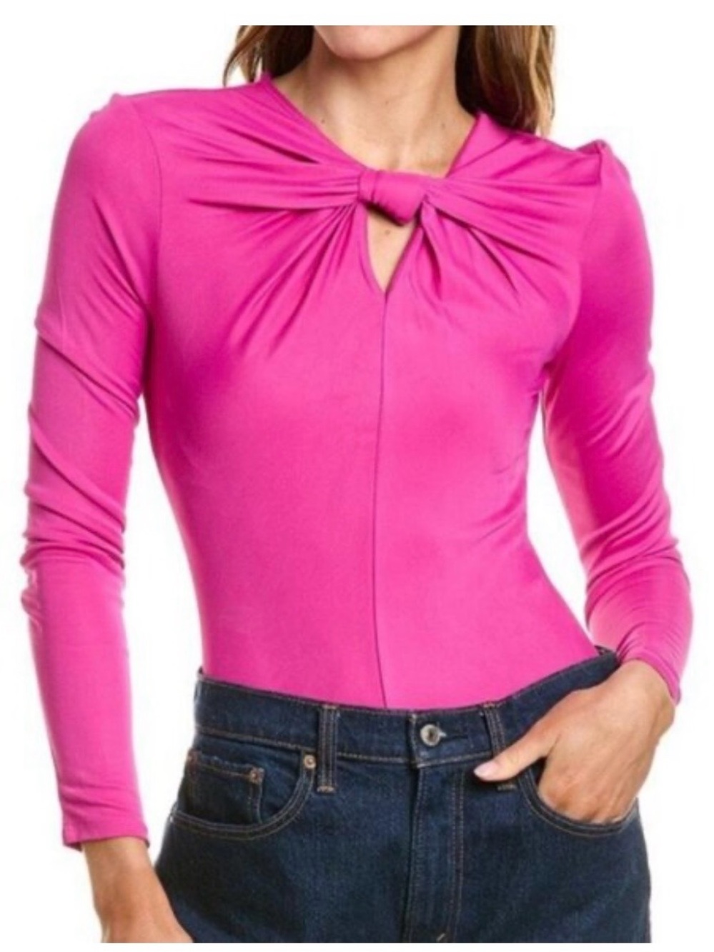 FARM Rio Magenta Knot-Front Long Sleeve Top